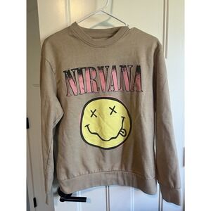 Nirvana Sweatshirt Women's‎ Small Tan Brown Smiley Face Graphic Print Fleece